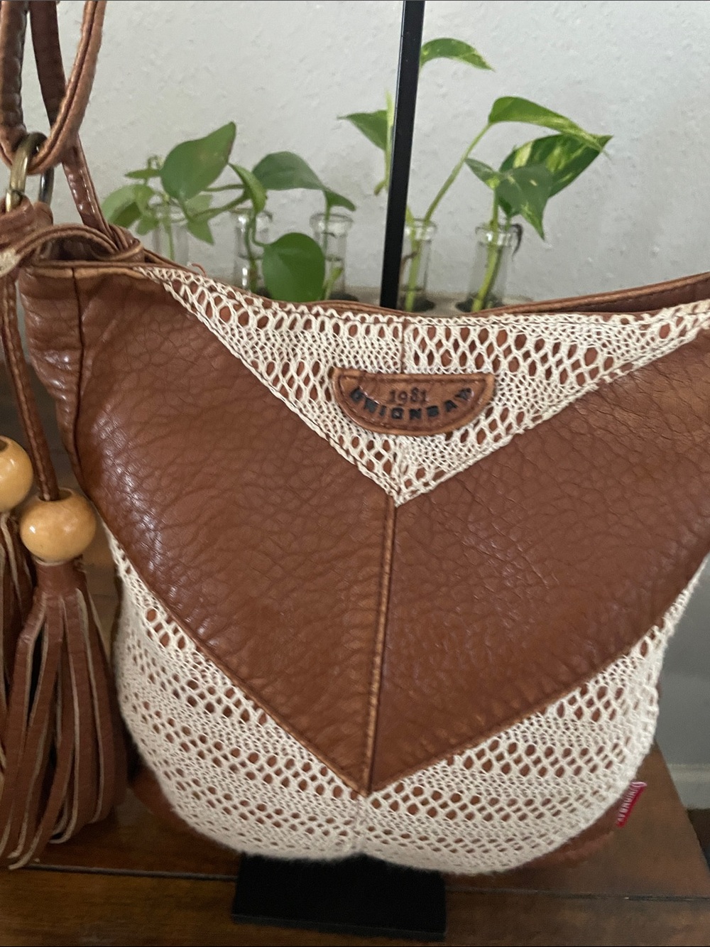 Union Bay 1981 Brown & Cream Crochet Mixed-Material Women's Shoulder Bag.